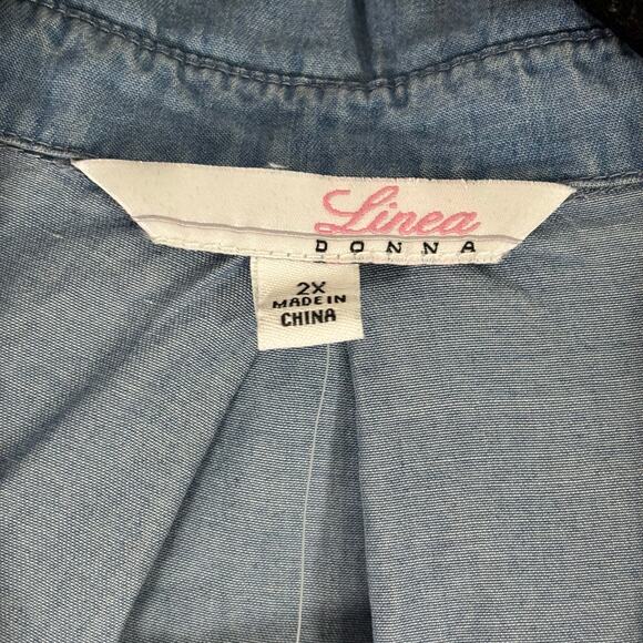 Linea Donna Women’s Blue Chambray Button-Down Shirt 2X, Raw Hem, 2 Front Pockets - Picture 6 of 6